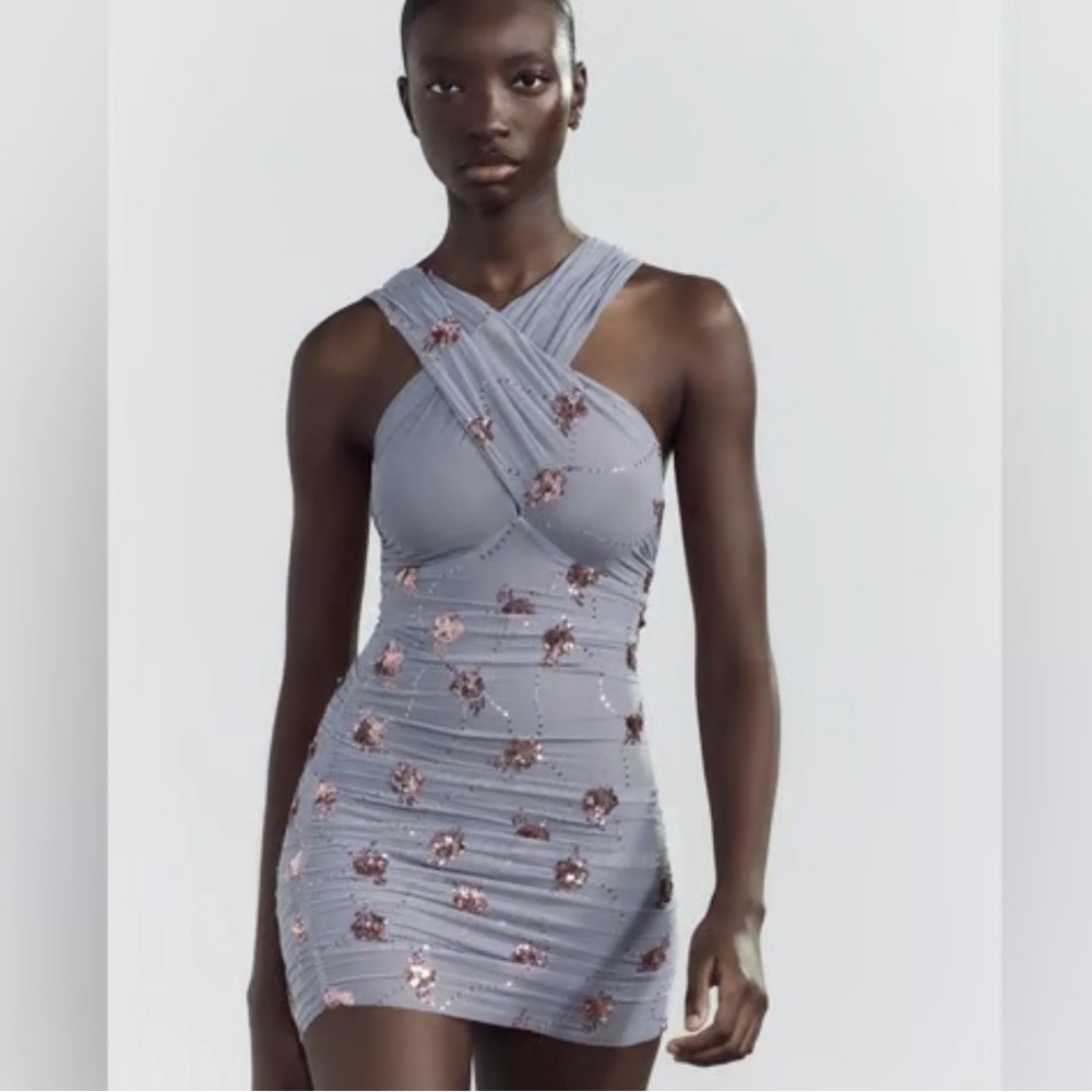 Zara Draped Light Blue Sequin Mini Dress